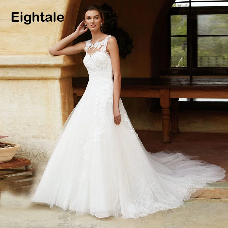 

Eightale Princess Wedding Dress 2019 O-Neck Appliques Lace Ball Gown Vintage Wedding Gowns with Small Train Bride Dress