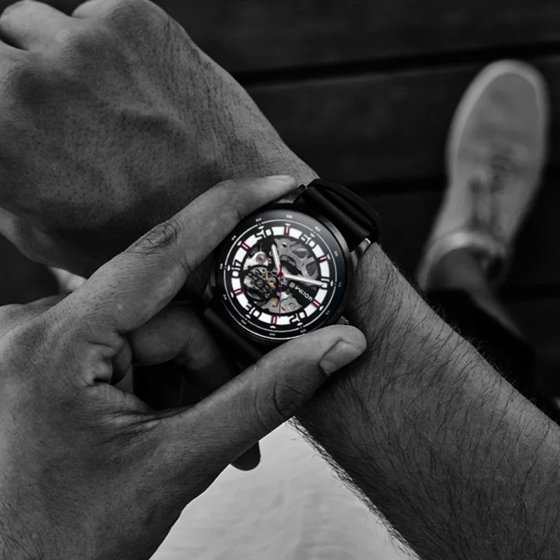 Wilon أزياء جهين الهيكل العظمي ساعة رجالي الجوف تصميم الأسود التلقائي ساعات آلية مقاومة للماء جلدية ووتش Wilon أزياء جهين الهيكل العظمي ساعة رجالي الجوف تصميم الأسود التلقائي ساعات آلية مقاومة للماء جلدية ووتش