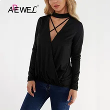 ADEWEL Sexy Casual Women's Long Sleeve Tops Blouses Solid Criss Cross Front Deep V-Neck Blouse Tops Female Autumn Blusas 2019 ADEWEL Sexy Casual Women's Long Sleeve Tops Blouses Solid Criss Cross Front Deep V-Neck Blouse Tops Female Autumn Blusas 2019