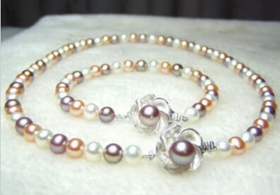 

Jewelry 001348 Real Multicolor White Pink Purple Pearl 18KWGP Clasp Necklace Bracelet (A0423) -Bride jewelry free shipping