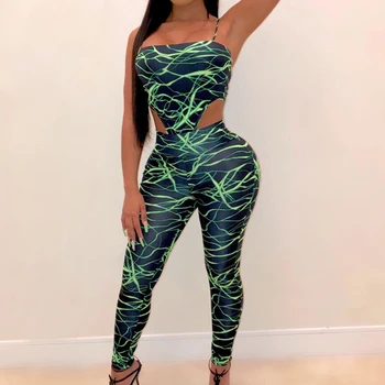 

Women Strap Sexy Print Pants Two Piece Sets Sleeveless Hollow Out Bodysuits Leggings Summer Nightclub Outfits Casual Rompers