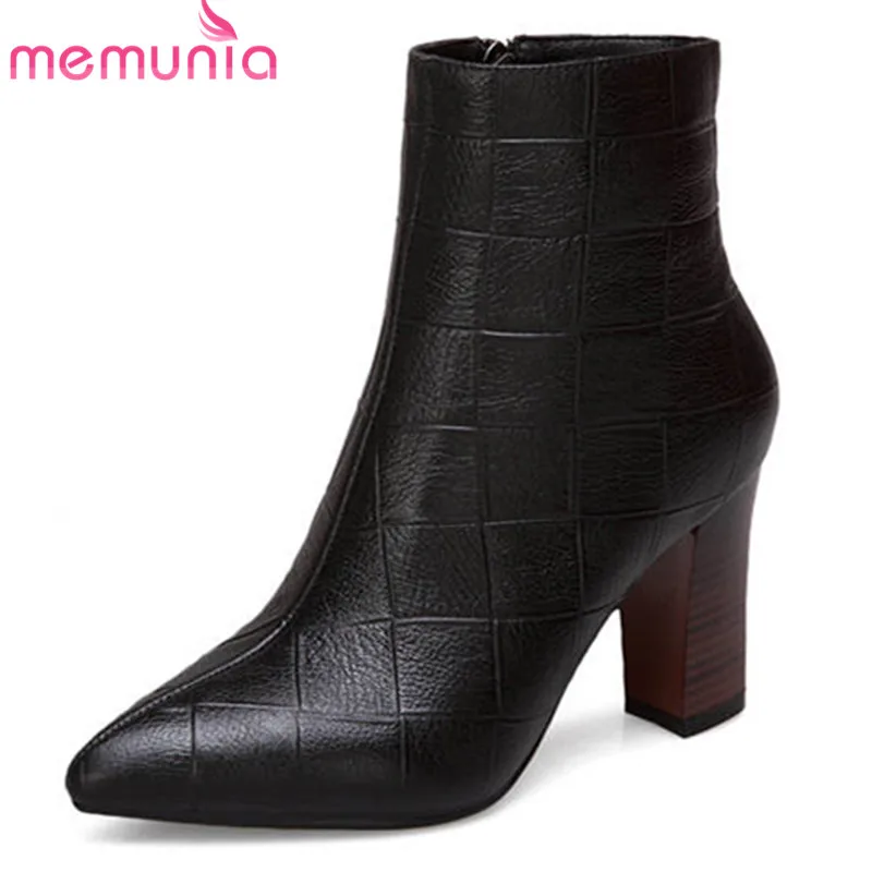 

MEMUNIA 2020 popular genuine leather ankle boots for women pointed toe zipper autumn winter boots square high heels dress shoes