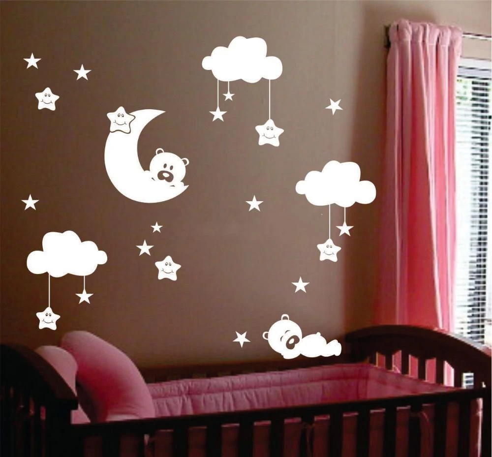 O Grande Tamanho Bonito Do Quarto Do Bercario Do Bebe Lua E Estrela Adesivos De Parede Do Vinil Estrelas Sorridentes Bonitos Com Nuvens Brancas Decoracao Do Quarto Do Bebe Star Wars Wall Sticker Sticker