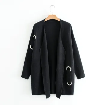 

2018 autumn winter new acrylic computer knitting V neck sweater knit jacket and winter long cardigan solid loose belt buckle