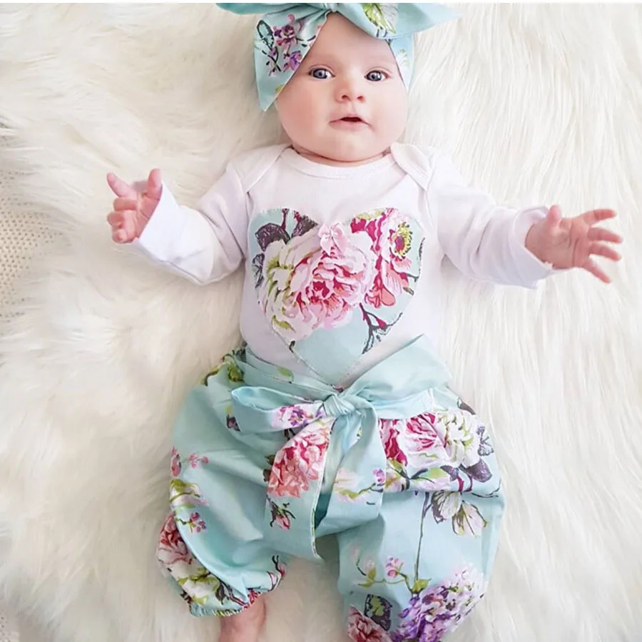 Spring Newborn Baby Girls Clothes Sets Love Tops Bodysuit Long Sleeve Floral Pants Headbands 3pcs Cotton Outfits Clothing Set (4)