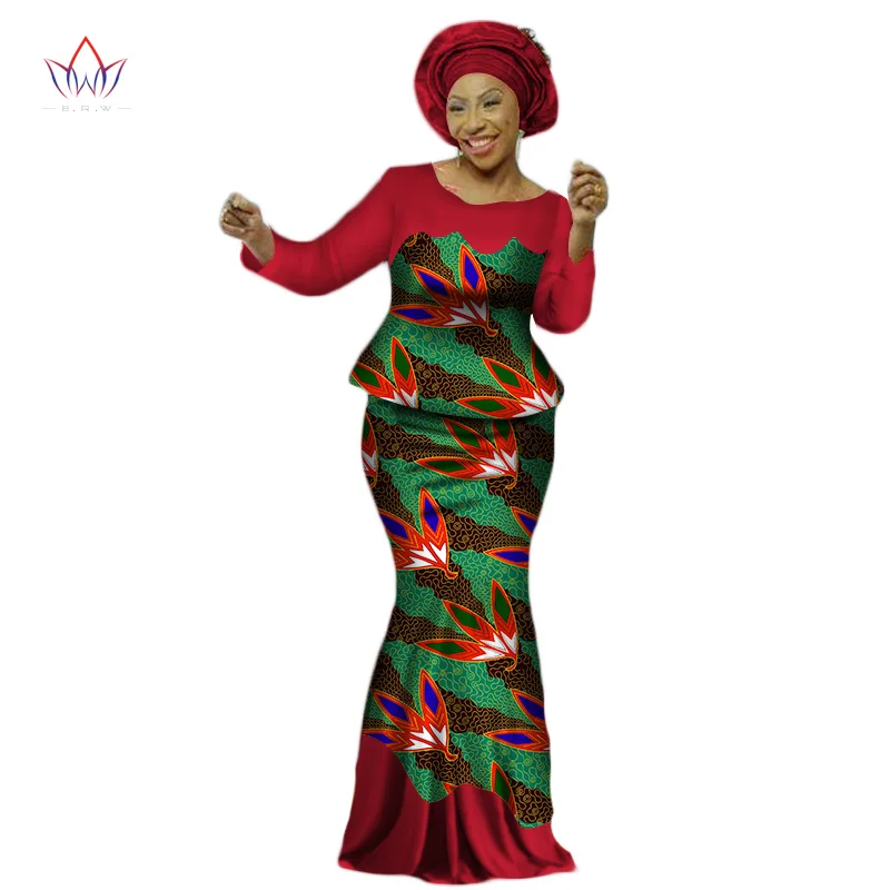 Africa Style Bazin Riche Dresses for Women Two Pieces Set Women Long Sleeve Tops and Long African Print Skirt Plus Size WY2454