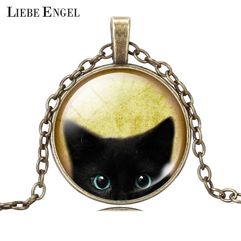 Unique Necklace Glass Cabochon Silver Bronze Chain Necklace Tradition Black Cat Picture Vintage Pendant Necklace For Women