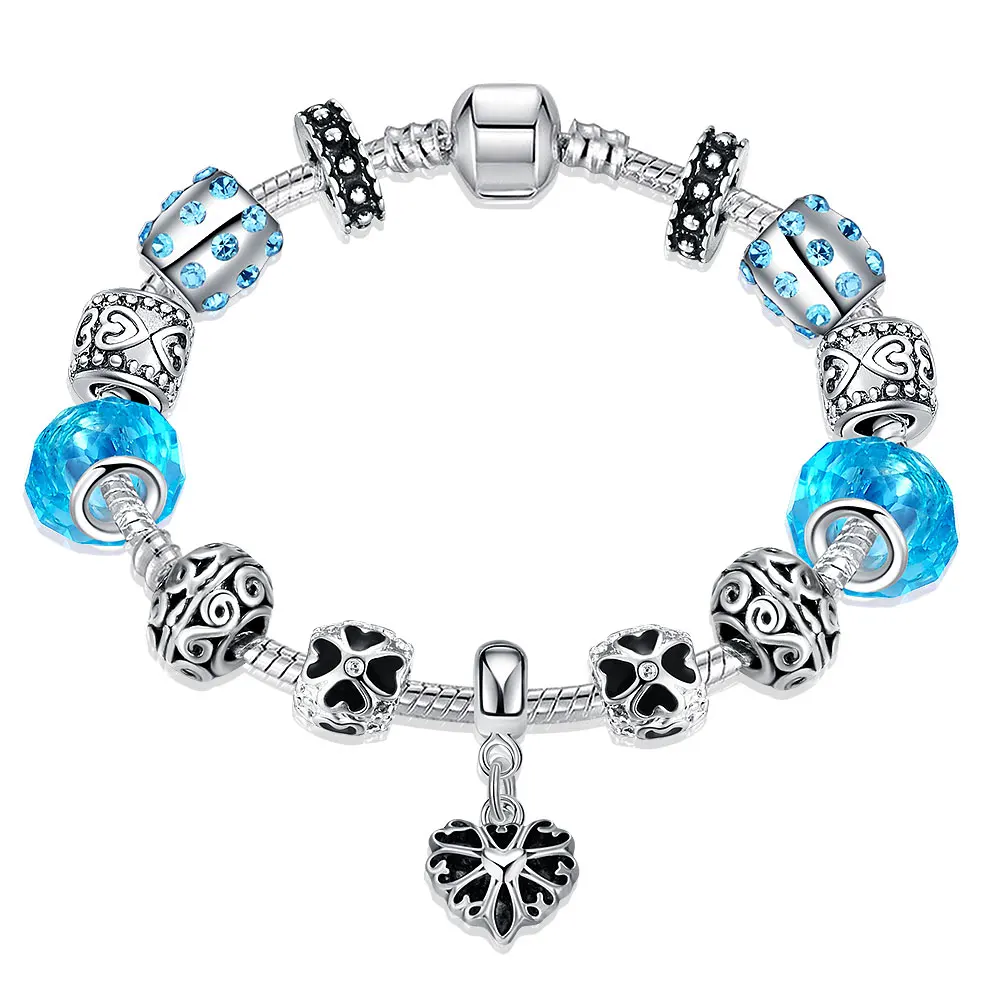 

Hot Selling Exquisite European Style 925 Silver Crystal Charm Bracelet for Women With Blue Murano Glass Beads DIY Jewelry