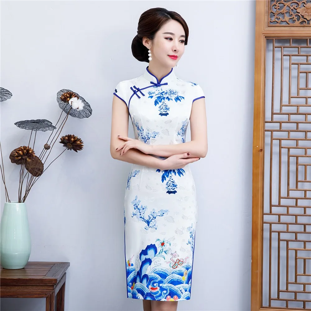 Шанхай история 2019 цена завода китайский стиль платье короткий рукав цветочный Qipao платье длиной до колена Недорогой Китайский женский
