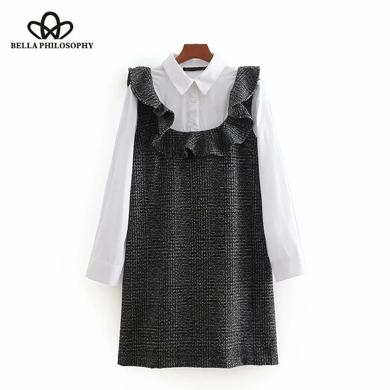 Wonder 2018 new autumn vintage sweet ruffles tweed plaid patchwork mini dress female straight vestidos mujer chic party dress