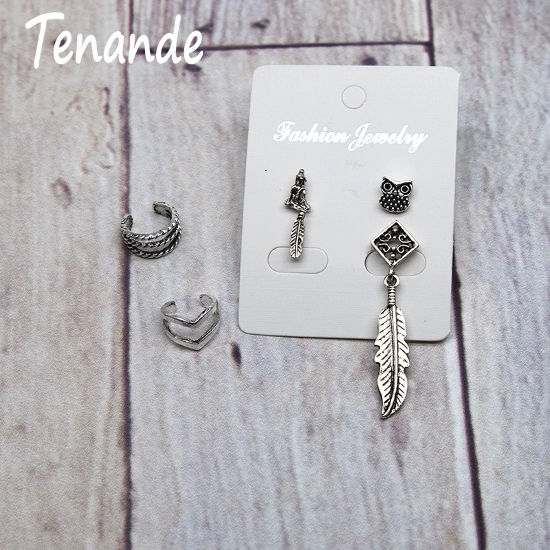 

Tenande 6 Pairs/Set Vintage Punk Long Statement Square Love Heart Owl Leaves Clip Earrings Set for Women Silver Color Party