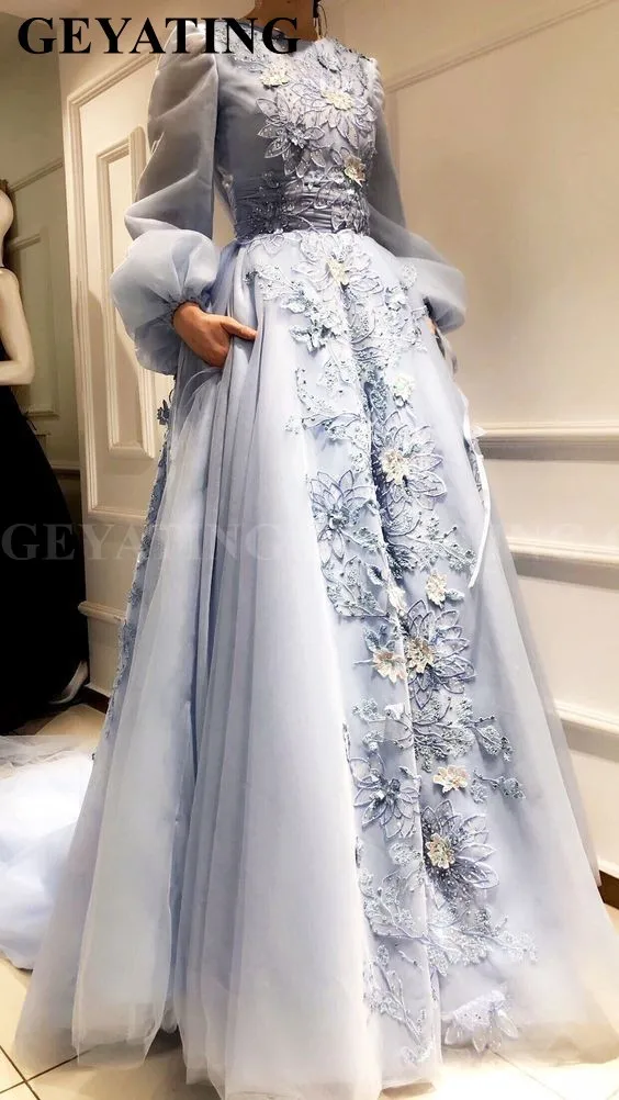Саудовская Аравия синий 3D Цветочный мусульманский вечернее платье с карманами Длинные рукава халат Дубайский кафтан longue элегантные платья для выпускного вечера