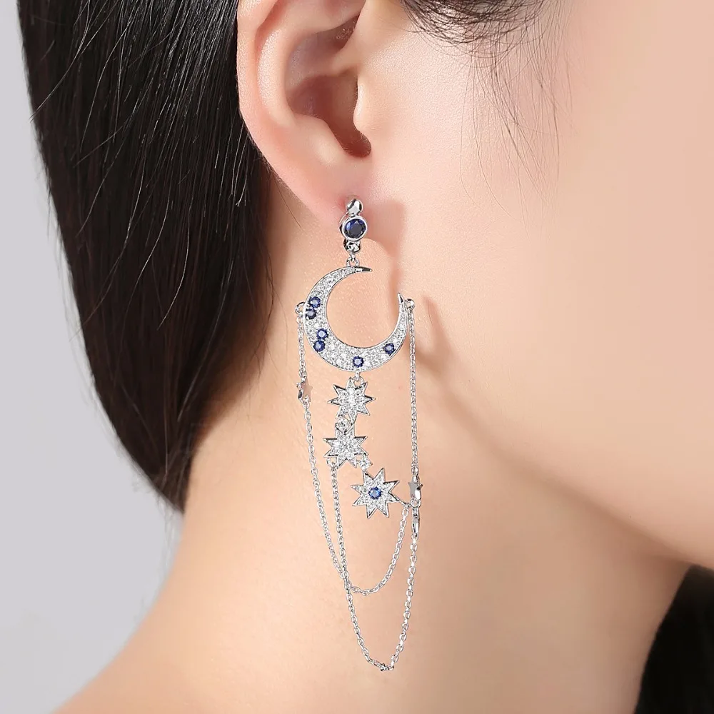 Skup LUOTEEMI luksusowy wiszący łańcuszek kolczyki dla kobiet wesele Twinkle gwiazda księżyc wyczyść CZ wykwintne Pendientes biżuteria kobiet prezent