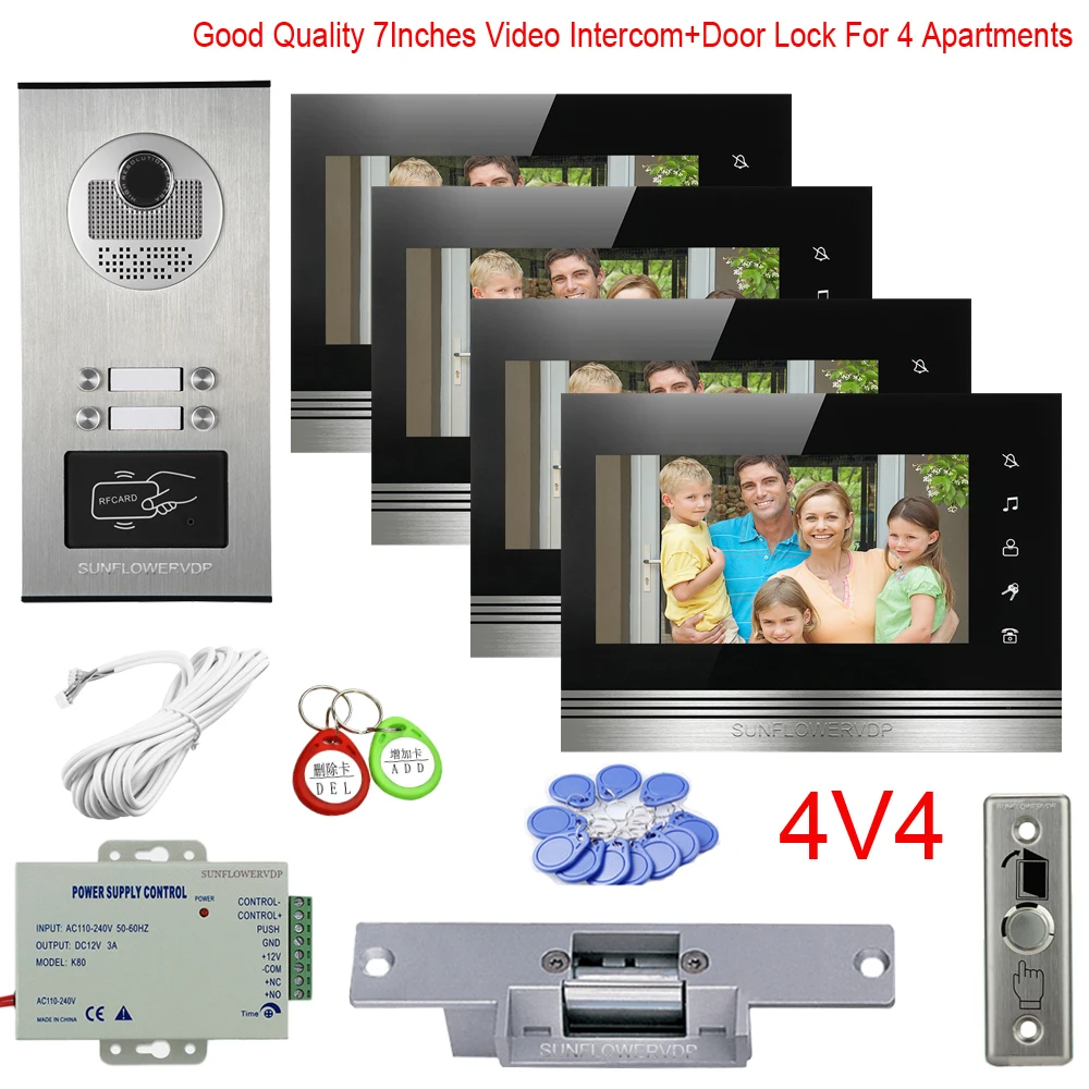 Video Intercom For Apartment 2/3/4/6 With Multi Units Video Phone House 7\ Color Monitor Intercom Home + Electric Door Lock Kit