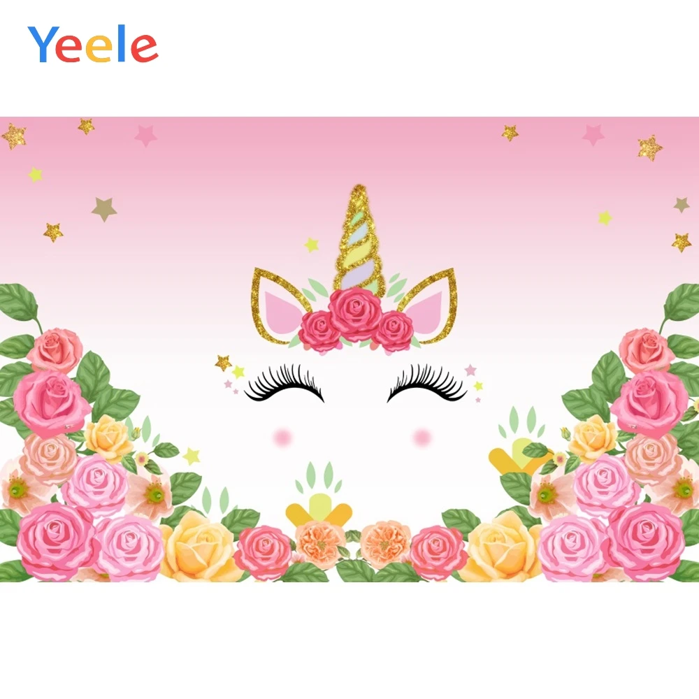 

Yeele Unicorn Cartoon Flower Gradient Party Birthday Photography Backgrounds Customized Photographic Backdrops for Photo Studio