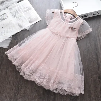 

Wholesale Girls Dress 2019 New Summer solid lace bowknot petal sleeve Tutu dress Princess Dress Birthday Party Dresses 3-8Years