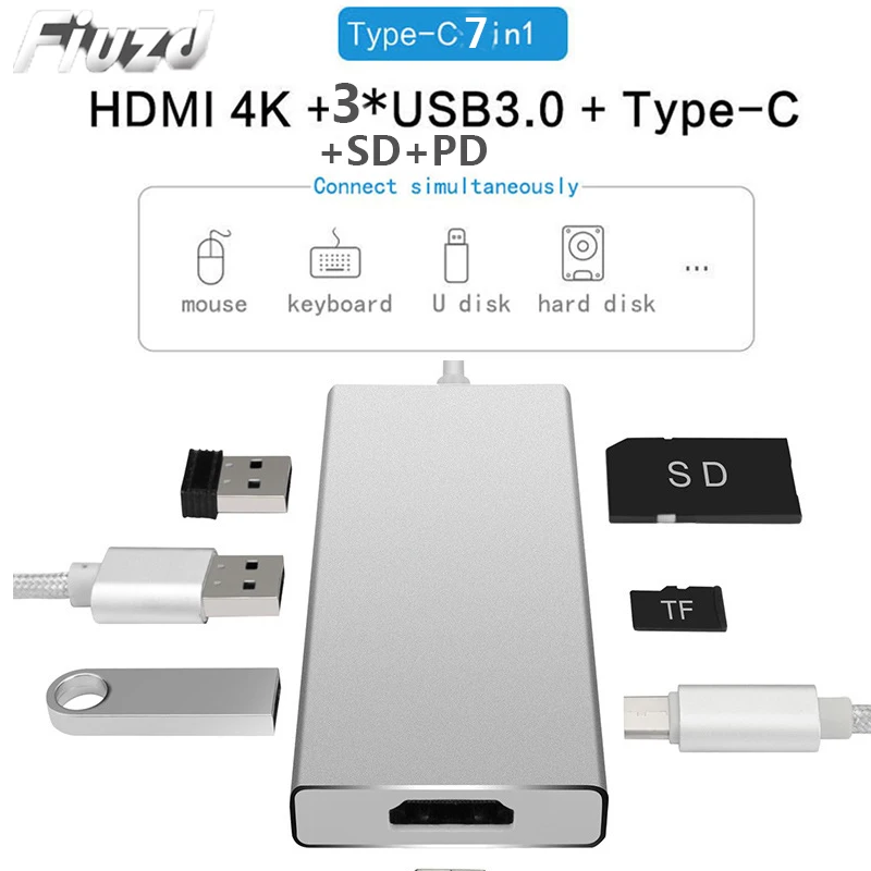 Док станция 7 в 1 USB C для телефона ноутбука 3 0 HDMI RJ45 SD Type c usb хаб Fealushon Macbook Pro HP DELL