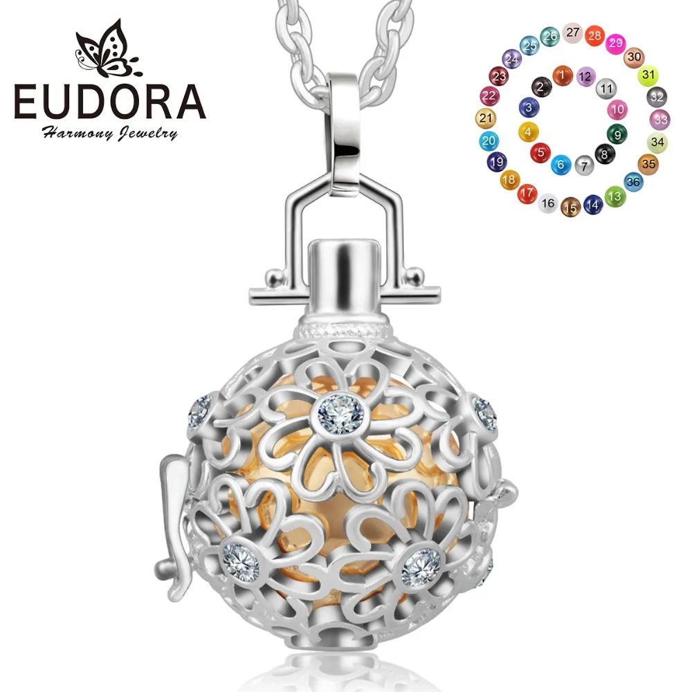 

Eudora 16mm Silver plated Harmony Ball Necklace Openwork CZ Flower Cage Pendant Maternity bell Soothe baby Fetal bell K115N16