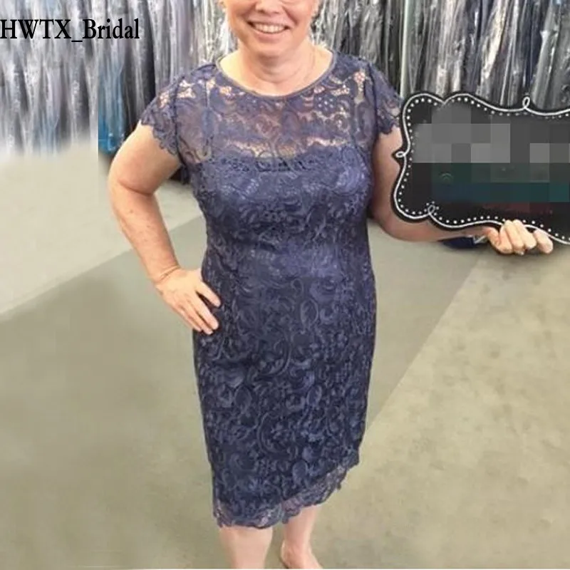 97.Gray Lace Plus Size Mother of the Bride Dress Cap Sleeve Column Tea Length Short Women Party Gowns Wedding Guest Dress_conew1