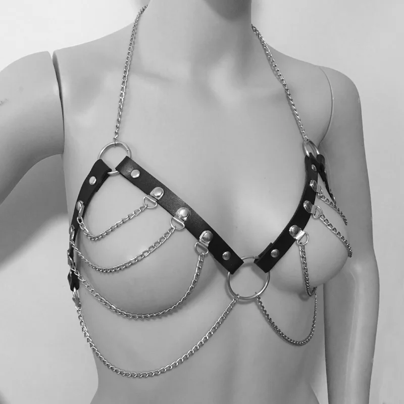 

New Women Sexy Punk pu leather material harness sculpting cage belt metal chain tassel chest suspenders
