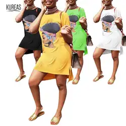 Kureas Для женщин в африканском стиле повседневные платья Vestido Дашики Свободные печати асимметричный подол цельное мини-рубашка платье в