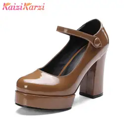 KaiziKarzi обувь Ремешок на щиколотке женские туфли на высоком квадратном каблуке офисные шпильках пикантная обувь с круглым носком