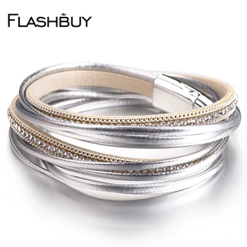 

FLASHBUY Rhinestones Leather Bracelets for Women Simple Multilayer Magnet Wrap Bangles Fashion Costume Jewellery Gift