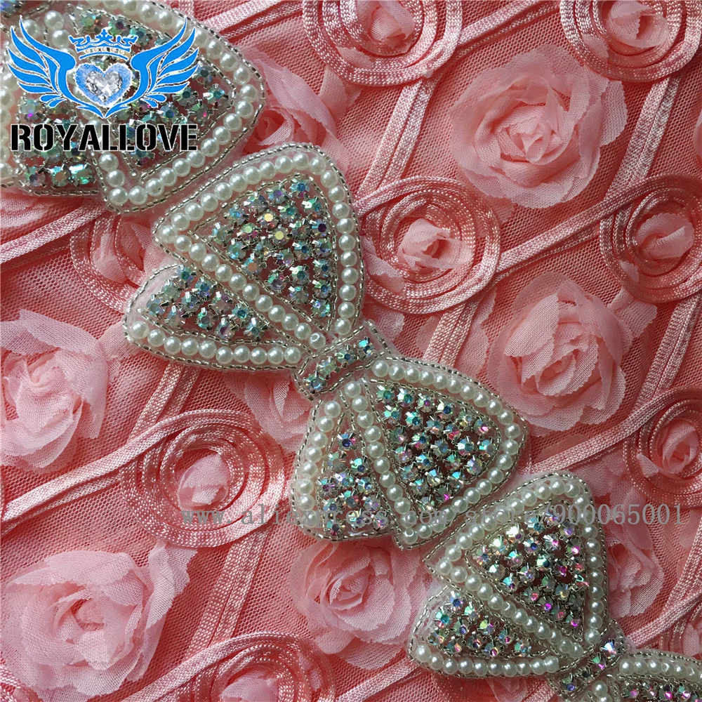 

(5yards) Wholesale Iron On Sewing Beaded Bow ab Rhinestone Sash Crystal Appliques Trim for Wedding Dress Headpieces Garters