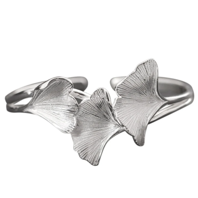 Handmade Real Pure 925 Sterling Silver Bangles Women Ginkgo Leaf Opening Bracelets