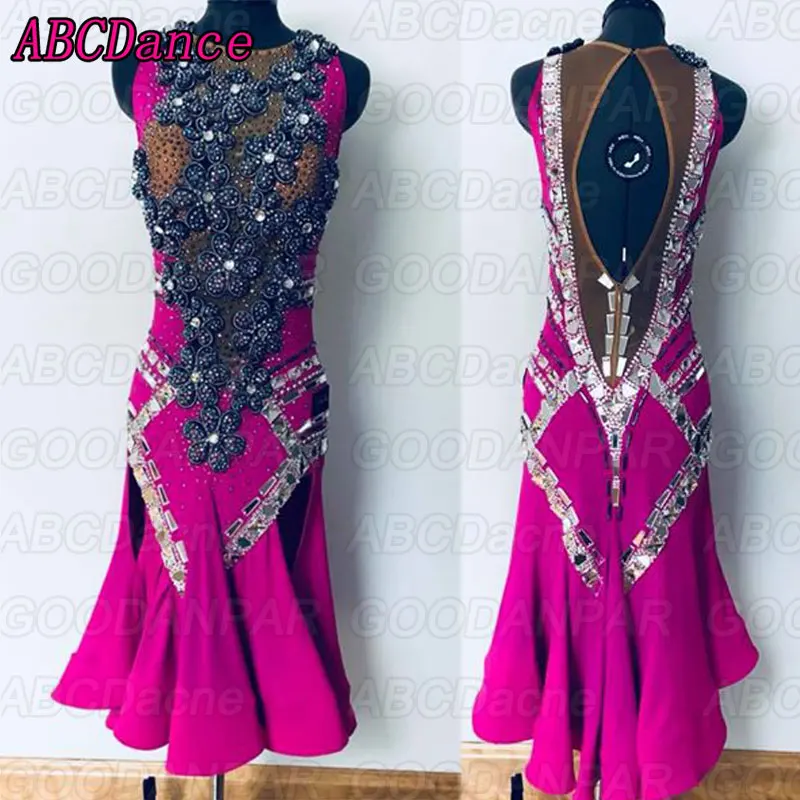 

Latin dance dress women red sleeveless dress for ballroom dancing Glass adornment tango dress