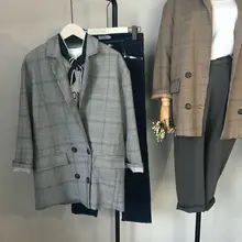 2017 New Spring Fashion Plaid Blazer Casual Suit Women Blazer Slim Double Breasted Work Design Coat jackets WT0231