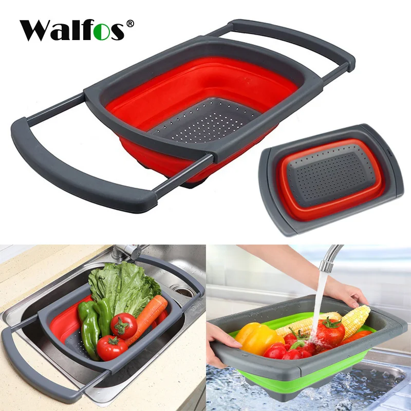 Billig WALFOS 1 stück Küche Faltbare Silikon Sieb Sieb Waschbecken Korb Kochen Wasser Drainager küche korb sieb gadget