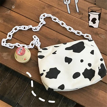 

2019 Milk Cow Print bag for Women Acrylic chain Shoulder Bags Cute larger capacity canvas Crossbody Bag for girls Purse Bolsas