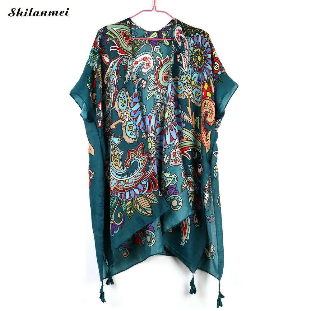 Мода Boho женщина кардиганы для женщин блузка с цветочным принтом Футболка blusas mujer