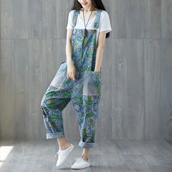 

Wide Leg Bib Denim Overalls 2018 Women Vintage Printed Flower Big Pocket Jean Jumpsuit Female Oversize Drop Crotch Denim Rompers