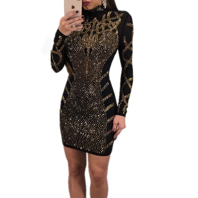 Fashion Rhinestone Diamonds Embellished Slim Bodycon Dress Women