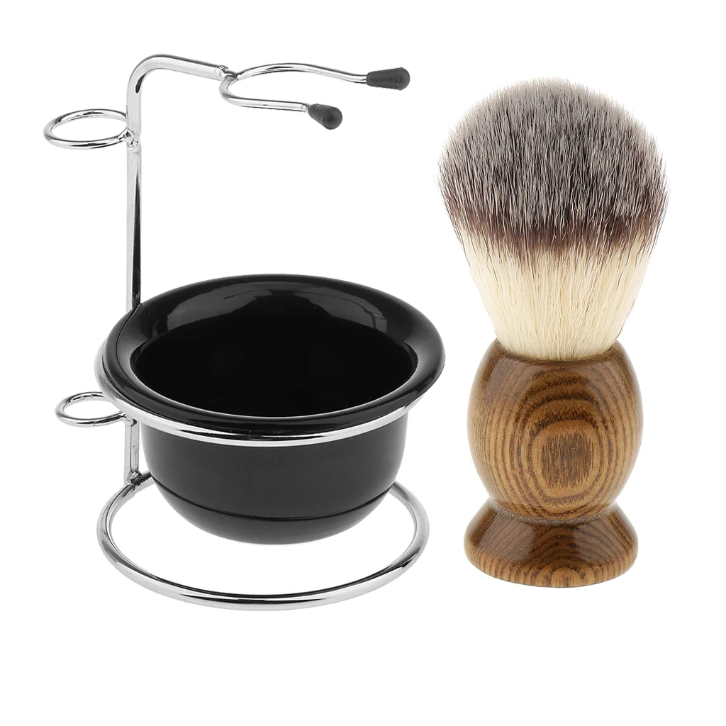 Set of 3 Pieces Natural Wood Shaving Brush + Stainless Steel Holder Stand Rack + Mens Shave Soap Cream Mug Bowl Set Kit