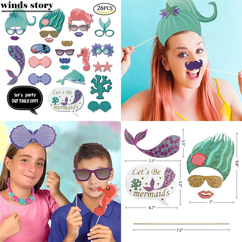 

26pc Party Photo Booth Props Mermaid Weeding Party Decoration Portable DIY Paper Fifsh PhotoBooth Kid Birthday Party Decoration