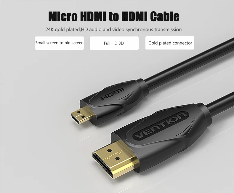 Vention Micro HDMI к HDMI кабель позолоченный HDMI 1,4 V 3D 1m 1,5 m 2m высококачественный hdmi-кабель, адаптер для планшета HDTV камеры