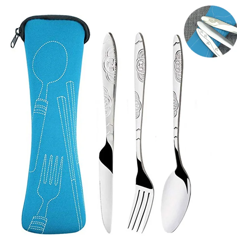 

3 Pcs/Set Spoon Fork Knife Stainless Outdoor Camping Tableware Travel Picnic Portable Bag Cutlety Convenient A Set Of Tablewares
