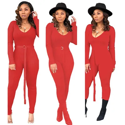 red jumpsuit Adogirl однотонный ребристый вязаный обтягивающий комбинезон с поясом женский сексуальный глубокий v-образный вырез длинный рукав повседневный комбинезон клубный Комбинезон спортивный костюм - Цвет: red jumpsuit