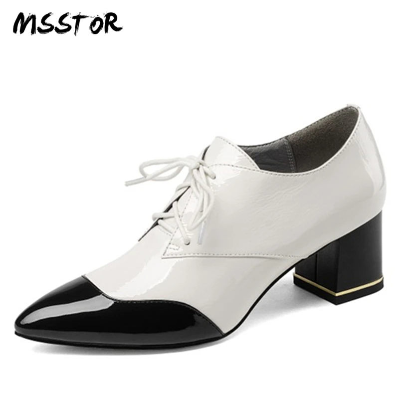 

MSSTOR Mixed Colors Llace up Boots Square Heels Genuine Leather Plus Size 33-43 Women Heels Pointed Toe Fashion Ankle Boots 5.5