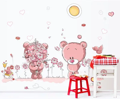 Cute Pink Bear Wall Sticker for Kids Room Home Decor Nursery Wall Decal Children Poster Baby House Mural DIY ay7227