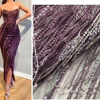 

fashion crystal French Lace Fabric High Quality African Tulle Embroidered Net Beaded Lace Fabric For Nigerian Wedding