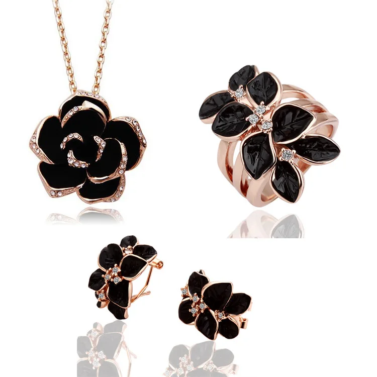 Fashion Women Jewelry Sets Camellia Design Pendant Gold-color Black Painting Rose Flower Necklace Earrings Ring