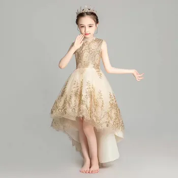 

Baby Infant Luxury Sequined Golden Color Birthday Evening Party Tail Dress Children Little Girls Elegant Host Model Show Dress