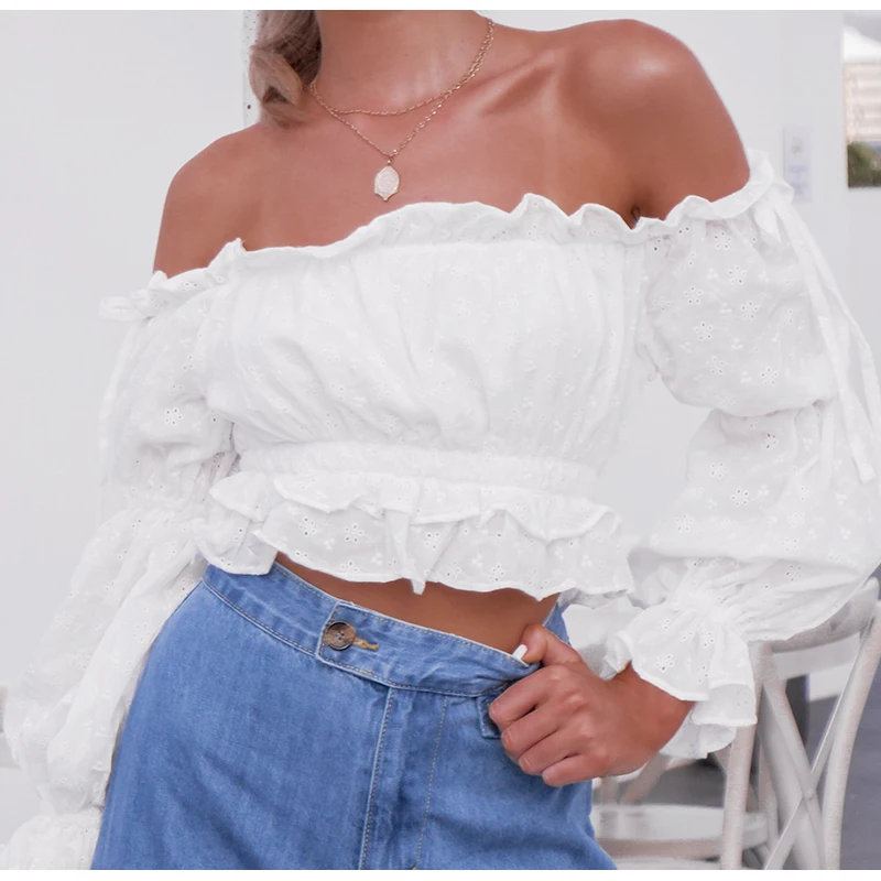 Fargeous Sexy Off Shoulder Slash Neck Women Crop Tops and Blouse Casual Holiday White Embroidery Beach Shirt Female Short Blouse