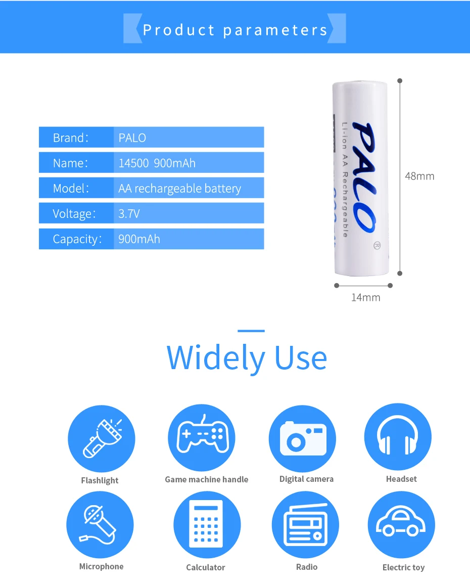 PALO 2 шт./лот AA 14500 литий-ионный аккумулятор Батарея 3,7 V 900 мА/ч, литий Перезаряжаемые 14500 батареи для экономии энергии фонарик и т. д