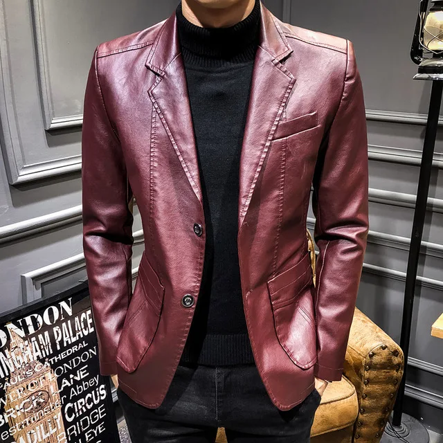 British Style Spring Autumn Mens Slim Fit Pu Leather Jacket Business Casual Blazer Men Faux Leather Blasers Masculino British Style Spring Autumn Mens Slim Fit Pu Leather Jacket Business Casual Blazer Men Faux Leather Blasers Masculino