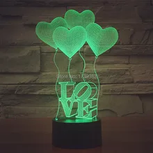 Free Shipping 1 piece 7 Multi Color USB charge LOVE HEART 3D LED night light with 3D luminaria table lamp for LOVERS